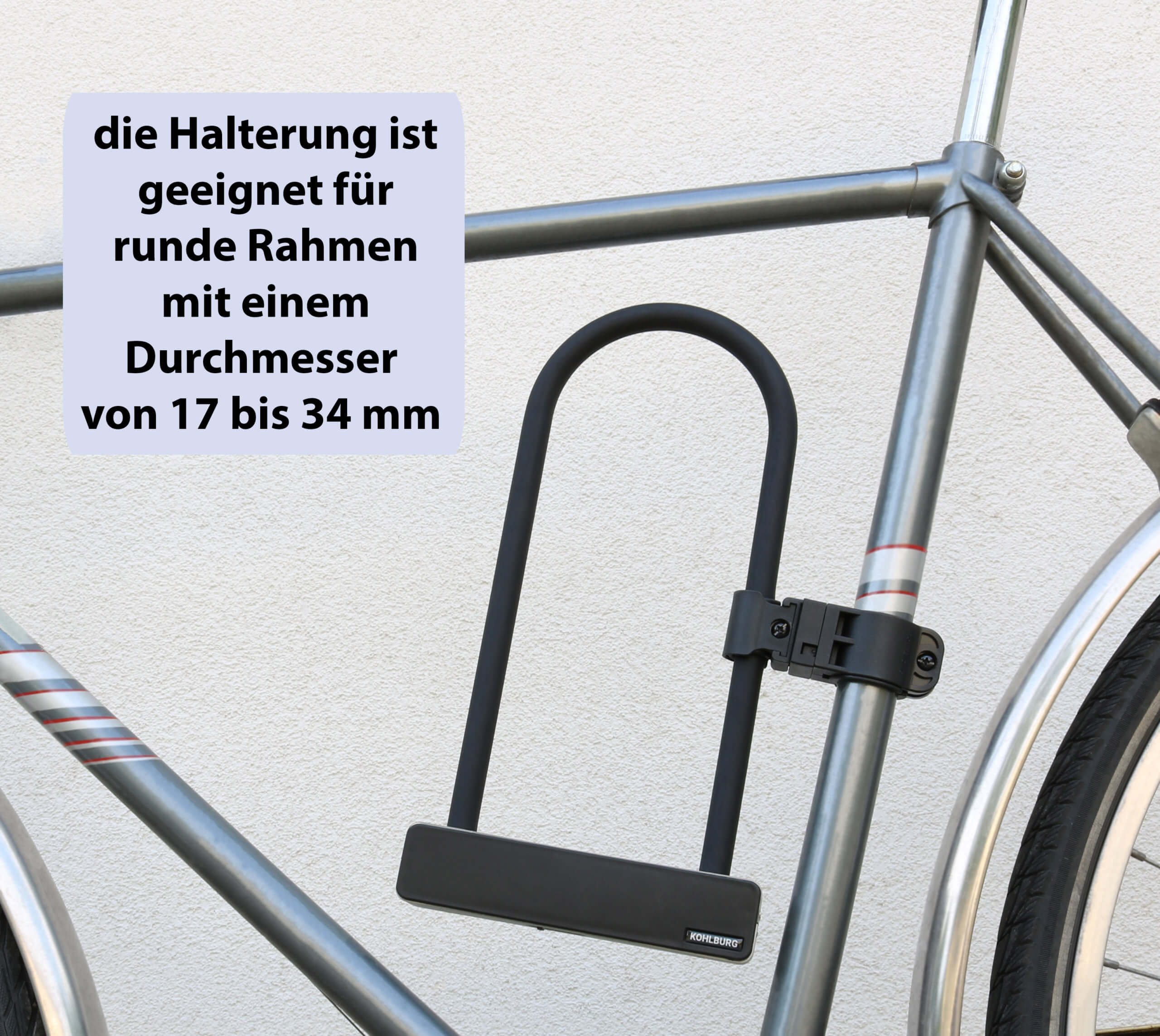 Das Großes Bügelschloss "Moskau" inkl. Sicherheitskabel wird mit einer Halterung geliefert, die auf runde Fahrradrahmen mit einem Durchmesser von 17-34 mm passt. Eine deutsche Anleitung erklärt die einfache Montage an geeigneten Rahmen.