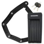 Leichtes & kleines Faltschloss "Zürich": Schwarzes Faltschloss mit KOHLBURG-Branding und zwei silbernen Schlüsseln mit schwarzen Köpfen, abgebildet auf weißem Grund.