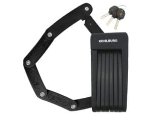 Leichtes & kleines Faltschloss "Zürich": Schwarzes Faltschloss mit KOHLBURG-Branding und zwei silbernen Schlüsseln mit schwarzen Köpfen, abgebildet auf weißem Grund.