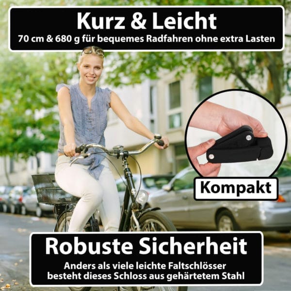 Eine lächelnde Frau fährt mit dem Fahrrad durch die Stadt, in der Hand hält sie das Leichtes & kleines Faltschloss "Zürich", ein kompaktes schwarzes Fahrradschloss.