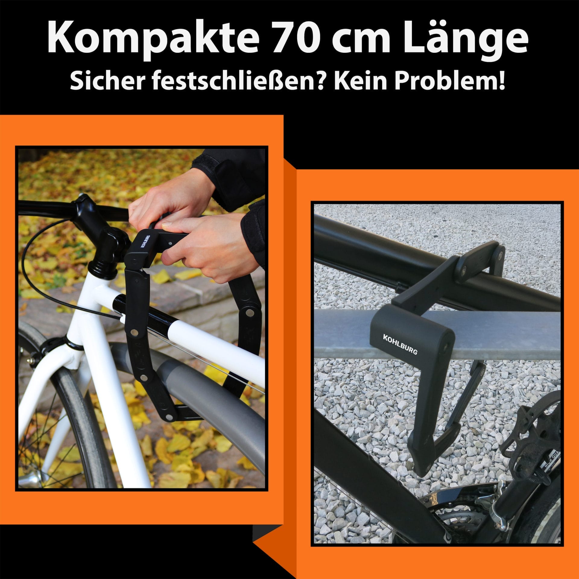 Eine Person sichert ihr Fahrrad mit dem Leichtes & kleines Faltschloss "Zürich" (70 cm); die Nahaufnahme zeigt das kompakte Schloss im Einsatz.