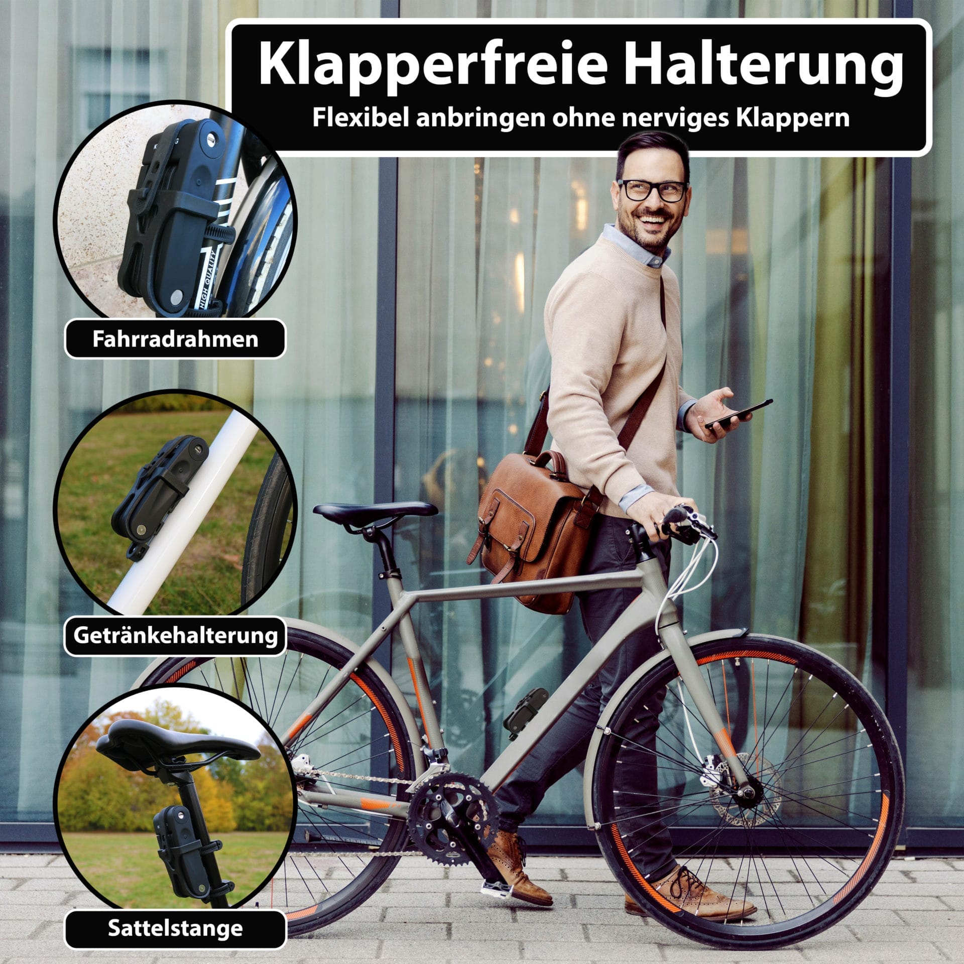 Ein Mann mit Fahrrad und Tasche lächelt; Nahaufnahmen zeigen das leichte, kompakte Leichtes & kleines Faltschloss "Zürich", das zusammen mit einem Flaschenhalter und einer Sattelstütze sicher am Rahmen montiert ist.