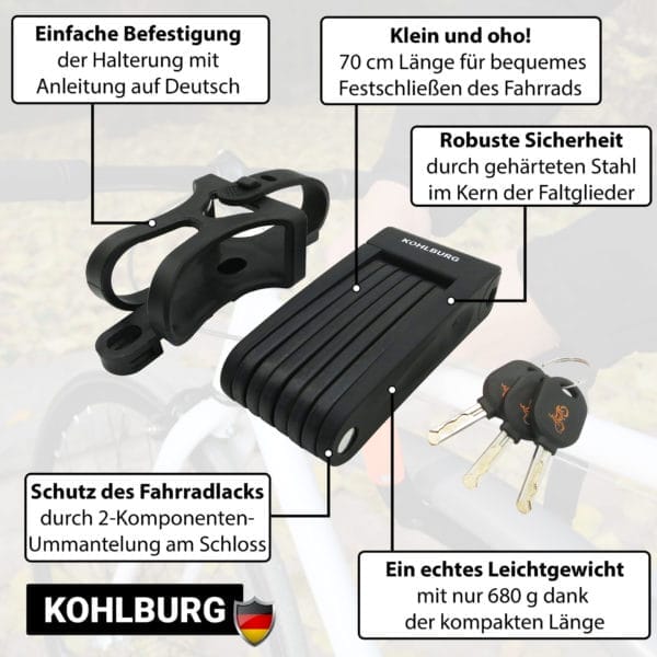 Leichtes & kleines Faltschloss "Zürich" in Schwarz, faltbar, inkl.. Schlüsseln, Clip-Halterung sowie Infotexten zu Sicherheit und Montage.