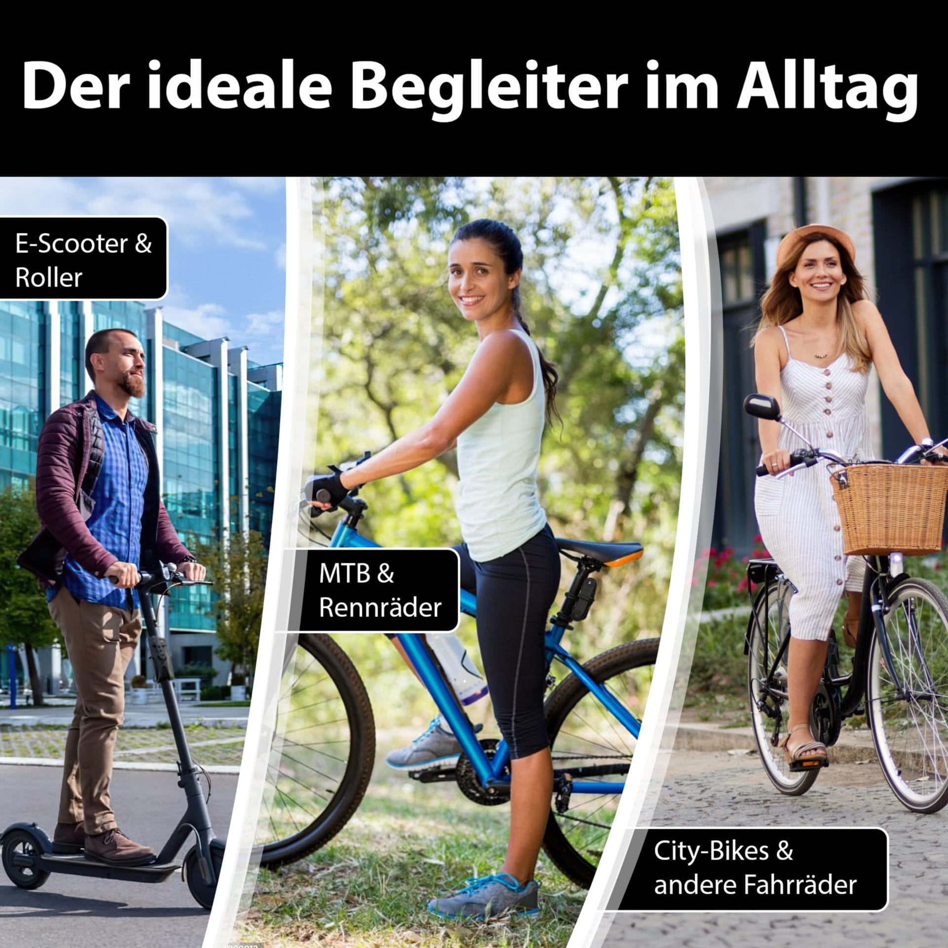 Drei Personen benutzen verschiedene umweltfreundliche Verkehrsmittel - einen E-Scooter, ein Mountainbike und ein Citybike -, die mit dem leichten und kompakten Leichtes & kleines Faltschloss "Zürich" im städtischen Umfeld gesichert sind.