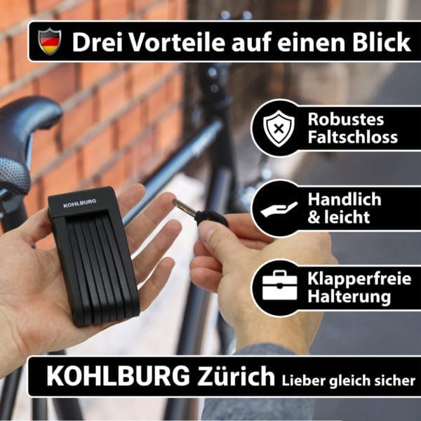 In der einen Hand das Leichtes & kleines Faltschloss "Zürich", in der anderen Hand den Schlüssel; der Text hebt die robusten, leichten und klapperfreien Eigenschaften hervor.