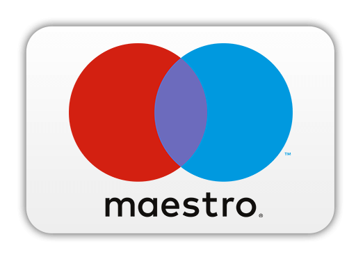 Maestro-Logo mit sich überlappenden roten und blauen Kreisen über dem Wort "Maestro" auf weißem Hintergrund.