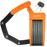 Das Leichtes & kleines Faltschloss "Zürich" (Orange), in Orange und Schwarz, mit Schlüssel, ist auf weißem Hintergrund abgebildet.