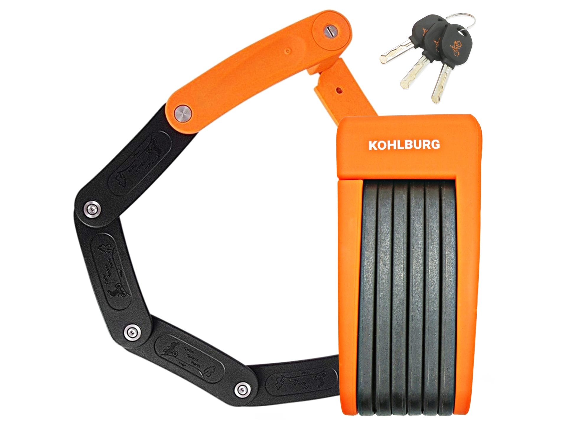 Das Leichtes & kleines Faltschloss "Zürich" (Orange), in Orange und Schwarz, mit Schlüssel, ist auf weißem Hintergrund abgebildet.