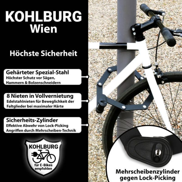 Ein weißes Fahrrad mit einem schwarzen Premium Sicherheits-Faltschloss "Wien"; der Text hebt die Sicherheitsmerkmale des Schlosses und den KOHLBURG-Schriftzug hervor.