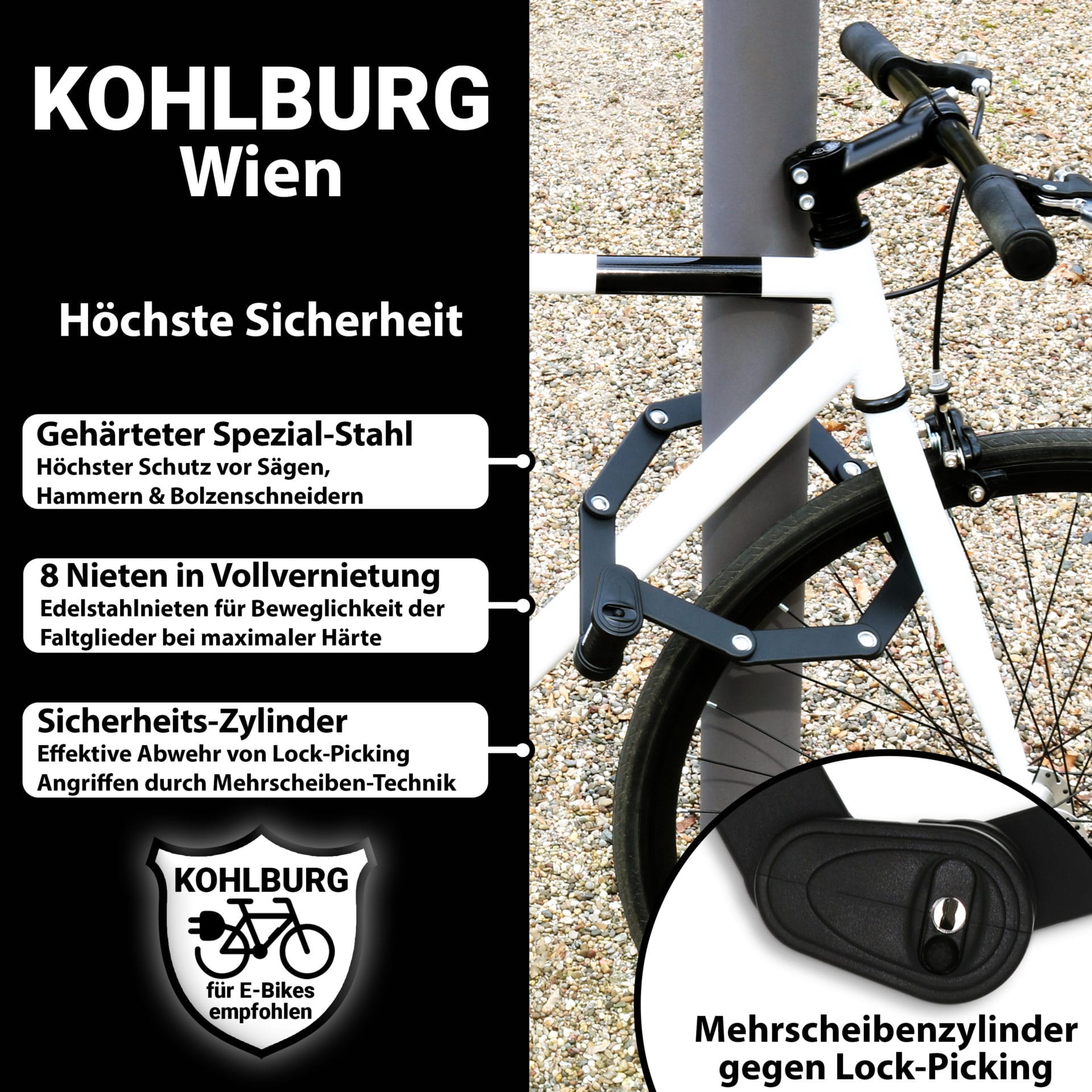 Ein weißes Fahrrad mit einem schwarzen Premium Sicherheits-Faltschloss "Wien"; der Text hebt die Sicherheitsmerkmale des Schlosses und den KOHLBURG-Schriftzug hervor.