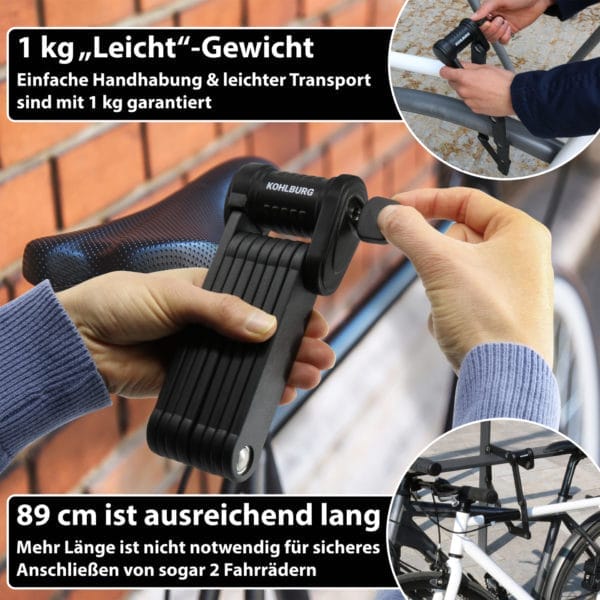 Eine Person sichert ein Fahrrad mit dem schwarzen Premium Sicherheits-Faltschloss "Wien", einem Faltschloss mit deutschem Text über sein geringes Gewicht und seine Länge.