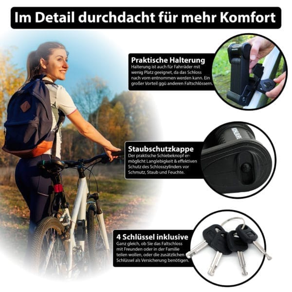 Eine Frau mit einem Fahrrad im Freien; Nahaufnahmen zeigen das Premium Sicherheits-Faltschloss "Wien", seine Staubkappe und vier mitgelieferte Schlüssel, die jeweils mit Beschreibungen gezeigt werden.