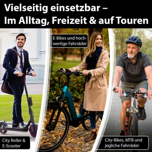 Drei Personen im Freien - eine auf einem E-Scooter, eine auf einem E-Bike und eine auf einem Stadtrad - alle lächeln, jede mit dem Premium Sicherheits-Faltschloss "Wien", das ihr Gefährt sichert.