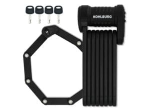 Das Premium Sicherheits-Faltschloss "Wien", ein schwarzes Fahrrad-Faltschloss mit vier Schlüsseln, ist auf weißem Grund angeordnet und mit der Marke "KOHLBURG.