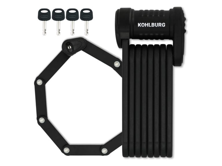 Das Premium Sicherheits-Faltschloss "Wien", ein schwarzes Fahrrad-Faltschloss mit vier Schlüsseln, ist auf weißem Grund angeordnet und mit der Marke "KOHLBURG.