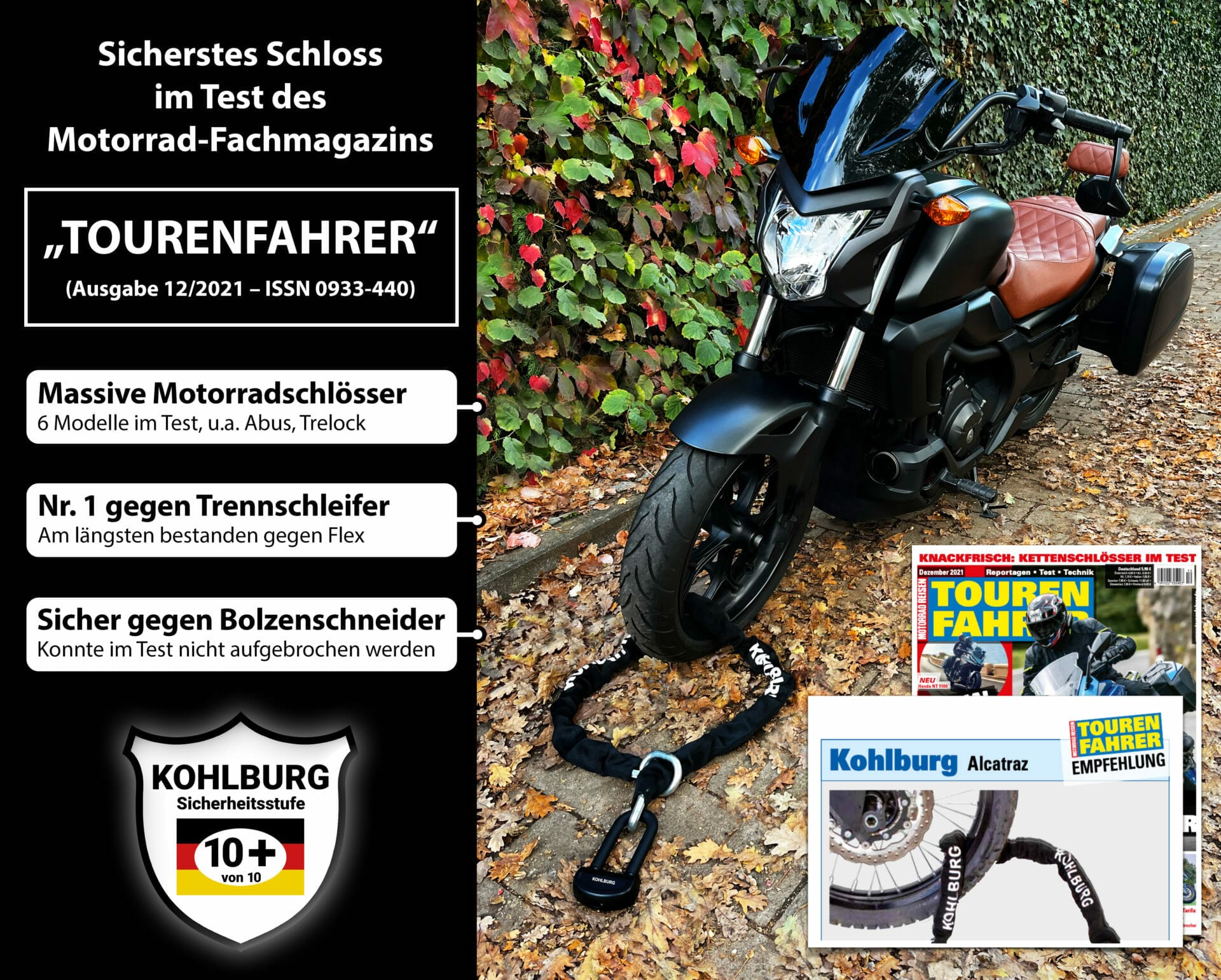 Schwarzes Motorrad, gesichert mit dem Massiven Sicherheits-Motorradschloss "Alcatraz"; daneben werden die Highlights und Produktbewertungen angezeigt.