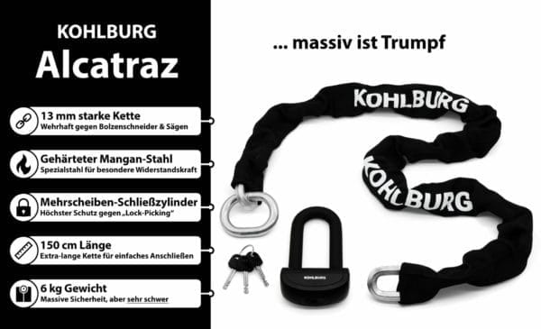 Massives Sicherheits-Motorradschloss "Alcatraz" Set mit dicker KOHLBURG-Kette, U-Lock und Produktmerkmalen auf Deutsch links abgebildet.