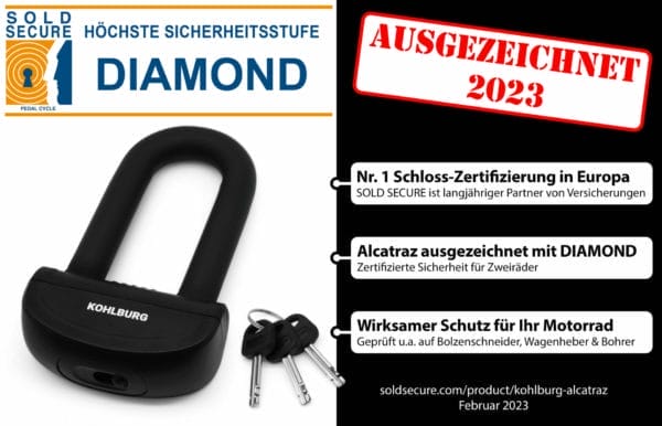 Ein schwarzes KOHLBURG "Alcatraz" Sicherheits-Motorradschloss mit Schlüsseln, Sicherheitszertifikaten und der Aufschrift "AUSGEZEICHNET 2023".