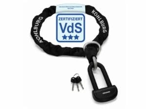 Das massive Sicherheits-Motorradschloss "Alcatraz" von KOHLBURG, VdS-zertifiziert, ist mit drei Schlüsseln an einem Schlüsselbund daneben abgebildet.