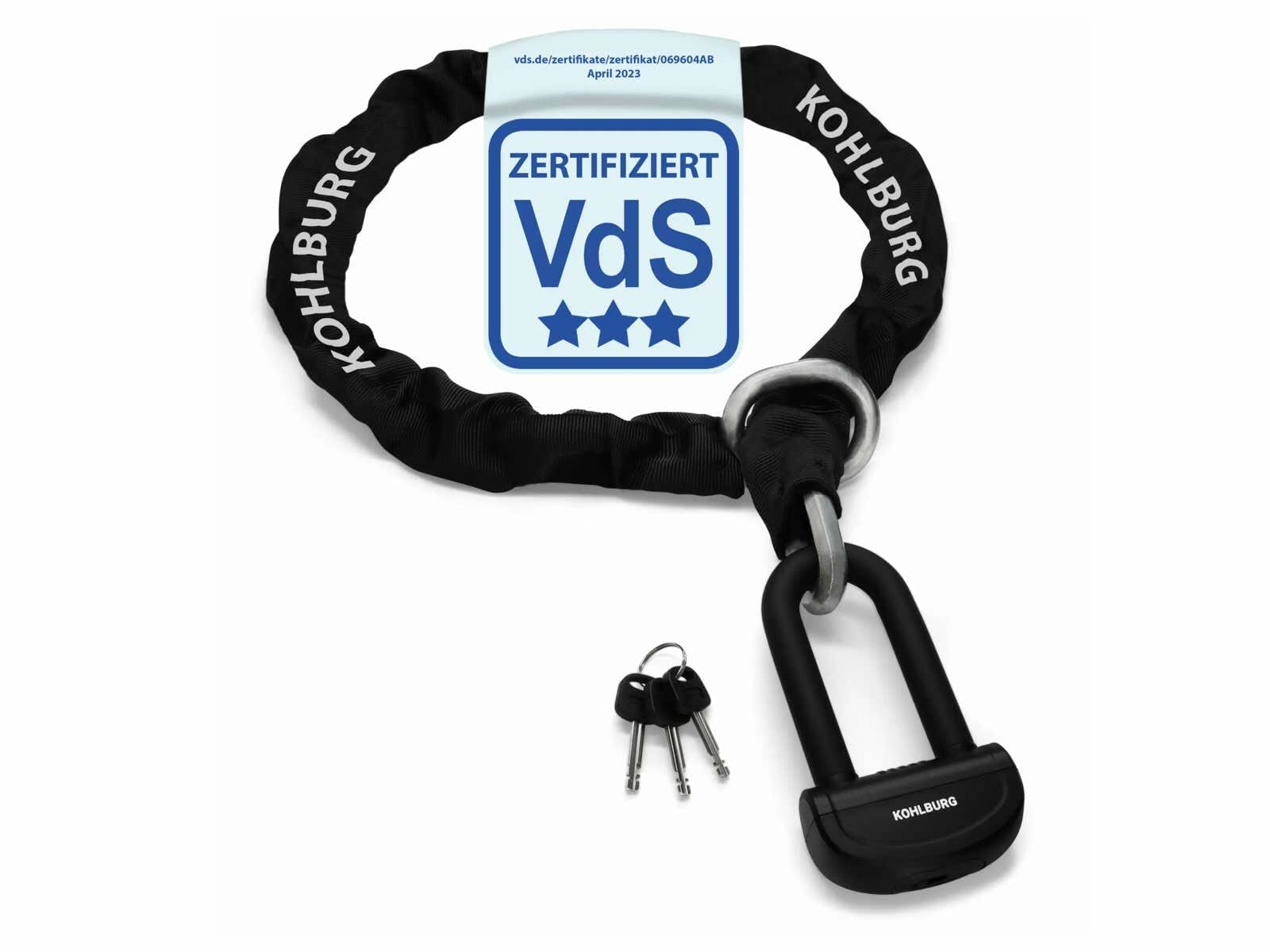 Das massive Sicherheits-Motorradschloss "Alcatraz" von KOHLBURG, VdS-zertifiziert, ist mit drei Schlüsseln an einem Schlüsselbund daneben abgebildet.