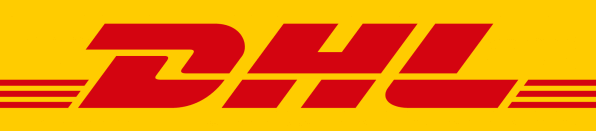 DHL-Logo mit fetten roten Buchstaben und horizontalen Streifen auf gelbem Hintergrund.