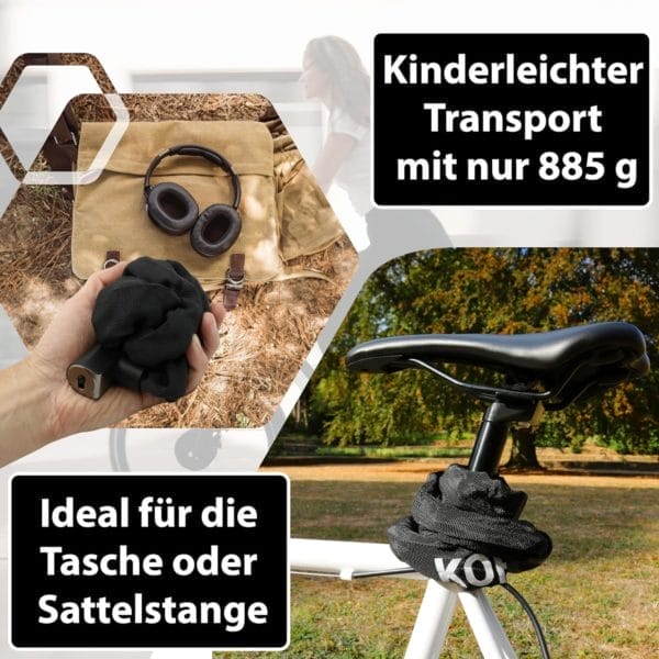 Das Langes Kettenschloss mit Zuklick-Mechanismus "Kopenhagen" ist mit 885g ein Leichtgewicht und passt in eine Tasche oder auf den Sattel.