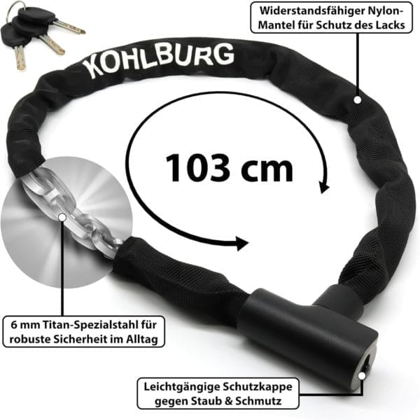 Das KOHLBURG Langes Kettenschloss "Kopenhagen" ist ein 103 cm langes, schwarzes Fahrradschloss mit Schlüssel, Zuklick-Mechanismus, Nylonhülle und 6 mm Titanstahlkette.