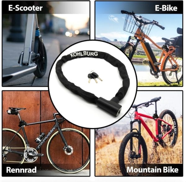 Collage mit einem E-Scooter, E-Bike, Rennrad und Mountainbike mit dem Langes Kettenschloss mit Zuklick-Mechanismus "Kopenhagen" in der Mitte.