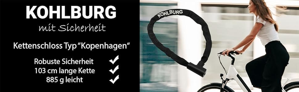 Frau auf einem weißen Fahrrad neben einer Anzeige für das KOHLBURG Kettenschloss "Kopenhagen" mit Zuklick-Mechanismus und Produktangaben in deutscher Sprache.