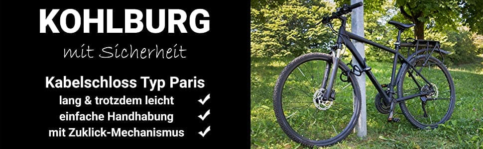 Ein schwarzes Fahrrad mit Schloss lehnt an einem Baum; links ist eine Werbung für das KOHLBURG Langes Kabelschloss mit Zuklick-Mechanismus "Paris" zu sehen.