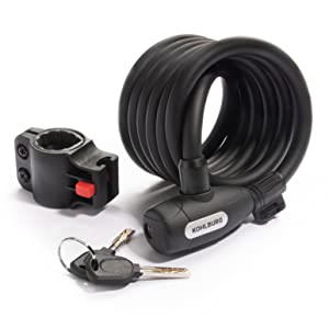 Langes Kabelschloss mit Zuklick-Mechanismus "Paris" in Schwarz, inklusive zwei Schlüsseln und Halterung, auf weißem Hintergrund.