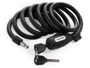 Aufgespultes schwarzes Fahrradschloss mit zwei Schlüsseln, mit dem Produktnamen "Langes Kabelschloss mit Zuklick-Mechanismus 'Paris'" auf dem Schlossmechanismus.