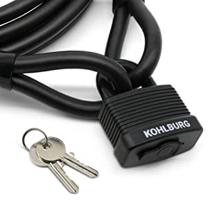 Das Kabelschloss "Athen" hat ein schwarzes Vorhängeschloss, ein Stahlkabel und wird mit zwei silbernen Schlüsseln an einem Schlüsselring geliefert.