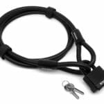 Das Kabelschloss "Athen" hat ein schwarzes Stahlkabel und ein Vorhängeschloss mit zwei Schlüsseln auf weißem Grund.