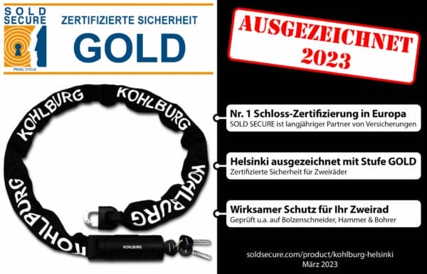 Eine robuste schwarze Fahrradschlosskette, das extralange Sicherheits-Kettenschloss "Helsinki", mit der Aufschrift KOHLBURG, zeigt Sicherheits- und Auszeichnungstexte, darunter "Ausgezeichnet 2023".