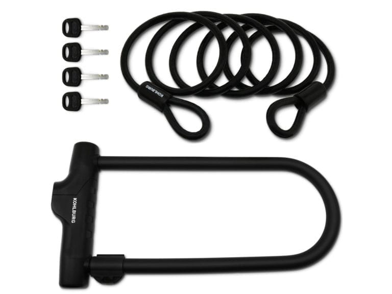 Das Sicherheits-Bügelschloss "Novosibirsk" inkl. Sicherheitskabel ist mit einem schwarzen Bügelschloss, vier Schlüsseln und zwei Spiralkabeln für die Sicherheit des Fahrrads ausgestattet, abgebildet auf weißem Hintergrund.