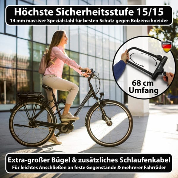 Frau fährt Fahrrad, mit Inset des Sicherheits-Bügelschlosses "Novosibirsk" inkl. Sicherheitskabel und deutschen Sicherheitshinweisen.