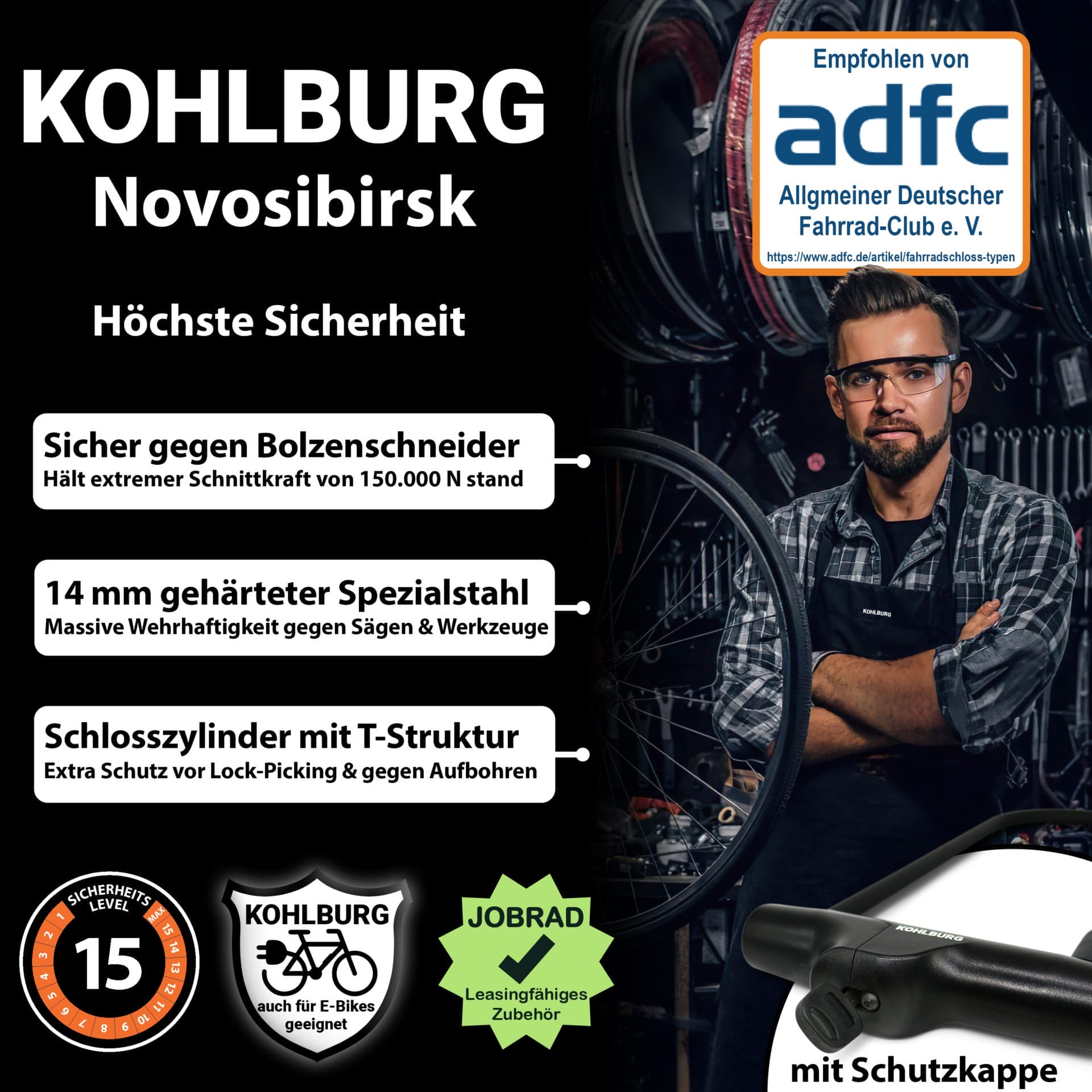Anzeige für das KOHLBURG Sicherheits-Bügelschloss "Novosibirsk" inkl. Sicherheitskabel: Zuverlässige Sicherheitsmerkmale und Zertifizierungen, dargestellt mit einer Person, die ihr Fahrrad in einem Geschäft hält.