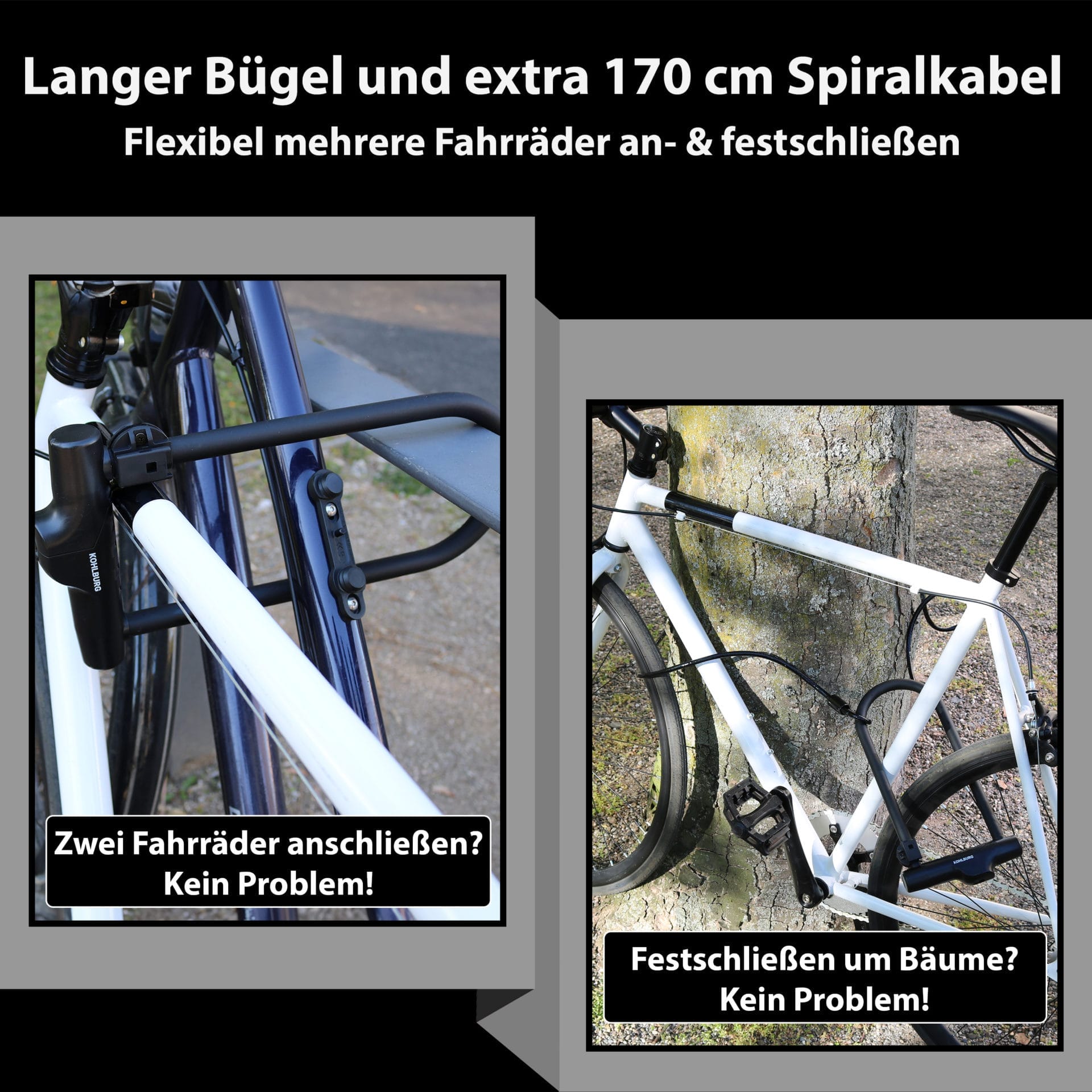 Das Sicherheits-Bügelschloss "Novosibirsk" inkl. Sicherheitskabel sichert zwei Fahrräder, während ein weiteres Fahrrad flexibel mit dem Kabel an einen Baum angeschlossen werden kann.