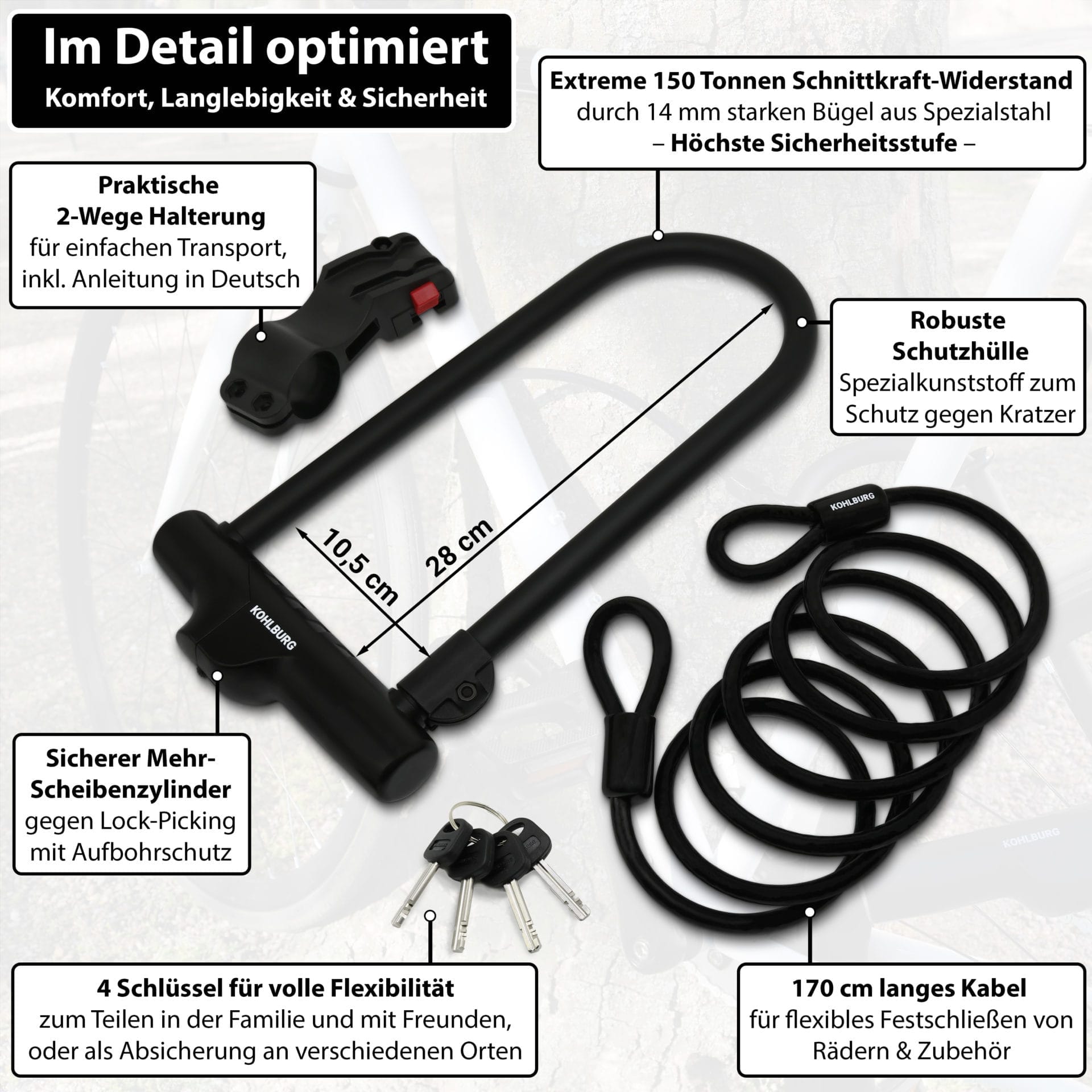Sicherheits-Bügelschloss "Novosibirsk" inkl. Sicherheitskabel - schwarzes Fahrradschloss-Set mit Kabel, Schlüsseln und deutschen Beschriftungen.
