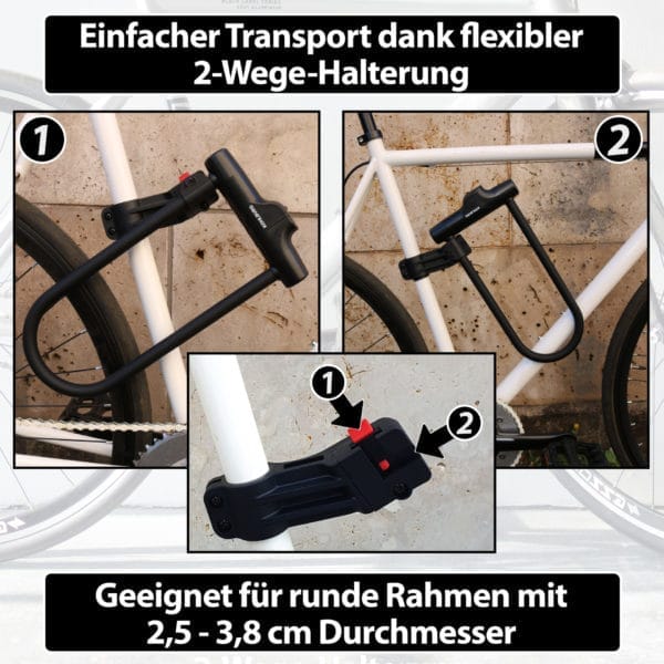 Das Sicherheits-Bügelschloss "Novosibirsk" inkl. Sicherheitskabel ist ein schwarzes Fahrradschloss mit einer flexiblen 2-Wege-Halterung, das an einem weißen Fahrradrahmen angebracht ist.