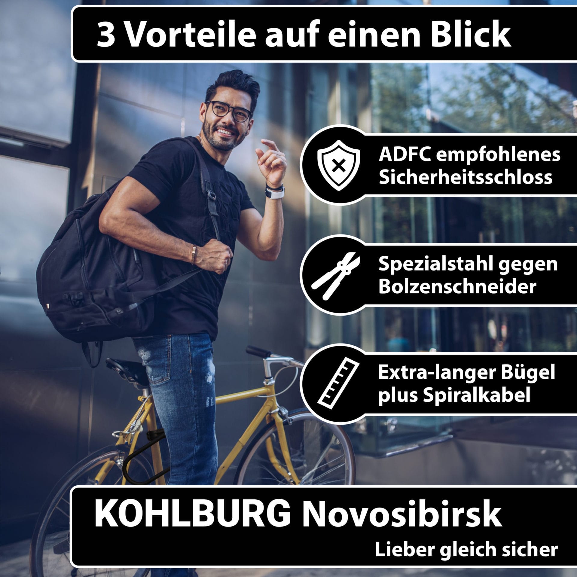 Ein lächelnder Mann mit einem Rucksack steht neben einem gelben Fahrrad, auf dem drei Schlossmerkmale des Sicherheits-Bügelschlosses "Novosibirsk" inkl. Sicherheitskabel hervorgehoben sind. Sicherheitskabel im deutschen Text hervorgehoben.
