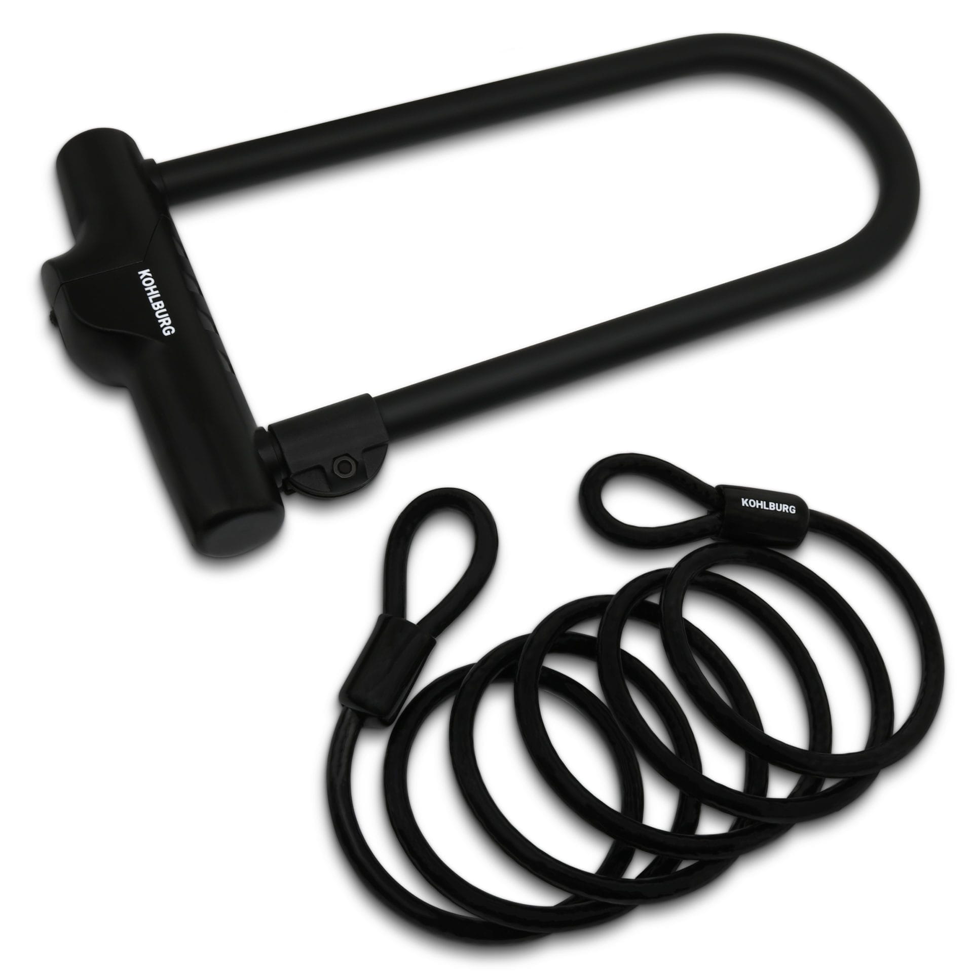 Sicherheits-Bügelschloss "Novosibirsk" incl. Sicherheitskabel, beide mit "Korlburg"-Schriftzug, auf weißem Hintergrund.