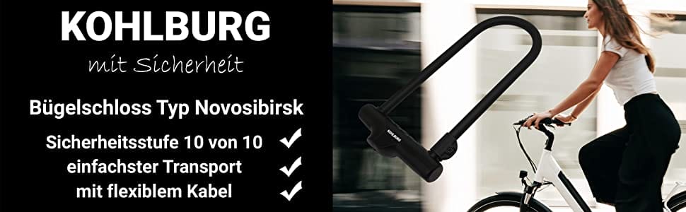 Fahrrad fahrende Frau; KOHLBURG Sicherheits-Bügelschloss "Novosibirsk" Fahrradschloss-Anzeige mit Auflistung der Produktmerkmale auf der linken Seite, darunter ein Sicherheitskabel.