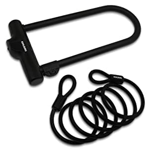 Sicherheits-Bügelschloss "Novosibirsk" mit schwarzem Bügelschloss und gewickeltem Sicherheitskabel mit zwei Schlaufenenden - beides auf weißem Hintergrund.