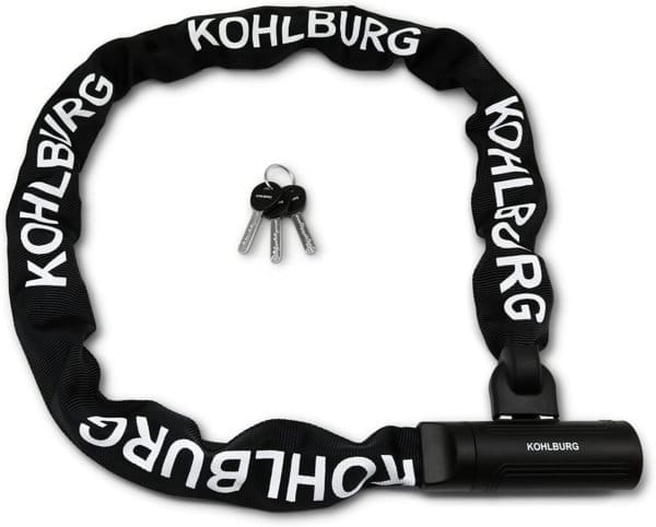 Das schwarze Extra-lange Sicherheits-Kettenschloss "Helsinki" von KOHLBURG mit Schlüsseln ist in der Mitte auf weißem Hintergrund platziert.