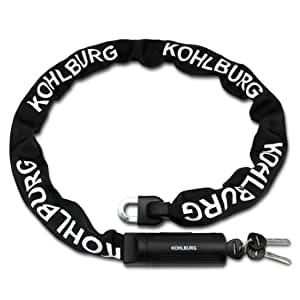 Das schwarze KOHLBURG Extra-langes Sicherheits-Kettenschloss "Helsinki" hat Schlüssel und eine Stoffhülle mit weißem KOHLBURG-Logo.