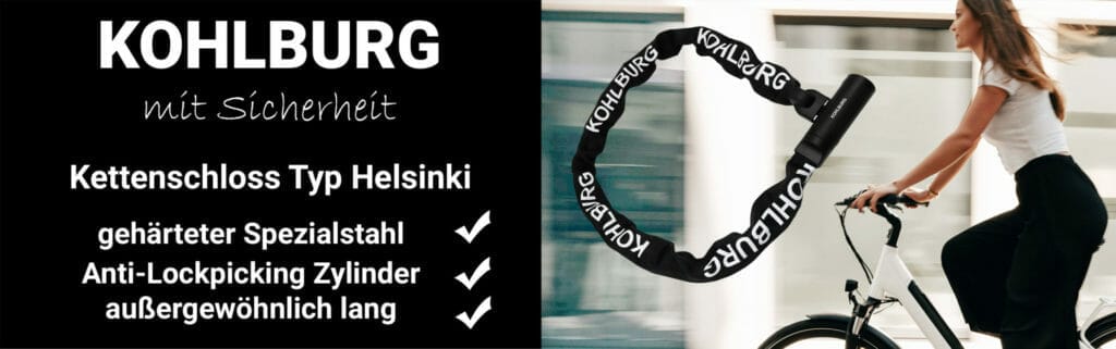 Eine Frau fährt Fahrrad; Text wirbt für ein KOHLBURG Fahrradschloss mit Sicherheitsmerkmalen in deutscher Sprache.