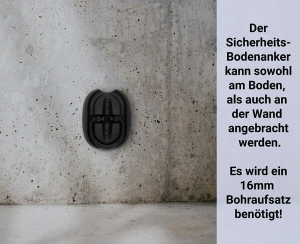 Sicherheits-Bodenanker "London" in Schwarz, an einer Betonwand montiert; deutsche Montageanleitung rechts.