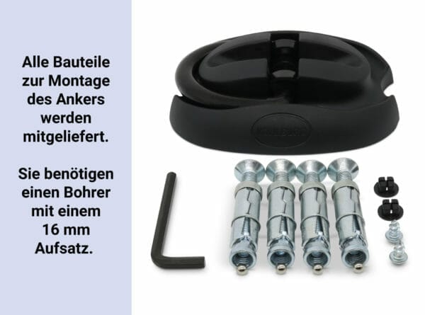 Sicherheits-Bodenanker "London" in Schwarz mit Bolzen, Schrauben, Inbusschlüssel und deutscher Anleitung auf hellem Hintergrund.